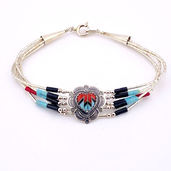 Southwestern Inlay Heart Sterling Silver Bracelet Turquoise Coral Black Stone